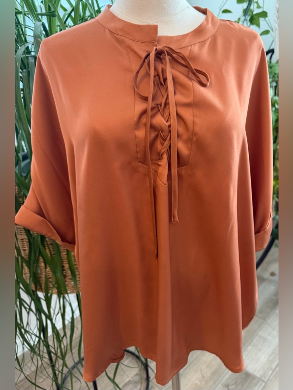 Rye Grass Rust Tie-Neck Blouse with Lace-Up Front